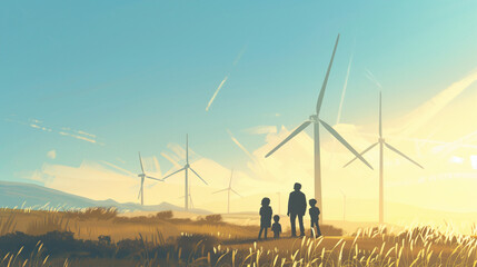 A family of four stands before wind turbines in a golden field during sunset, representing sustainable energy and family bonding in the countryside