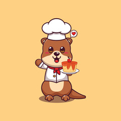 Cute chef otter with cake cartoon vector illustration