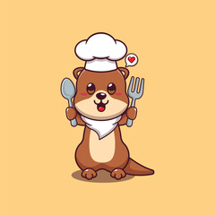 Cute chef otter holding spoon and fork cartoon vector illustration