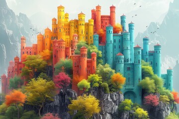 A colorful illustration of a fantasy castle complex perched atop a cliff with lush spring vegetation