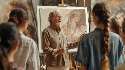 Artist teaching a painting class, standing in front of an easel, gestures that are instructional, students painting in the foreground, photorealistic, natural lighting, perfect composition, Generate a