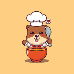 Cute chef otter with soup cartoon vector illustration