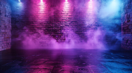 An atmospheric empty stage with vibrant pink and blue lighting casting colorful reflections against a brick wall and mist creating a dramatic ambiance.