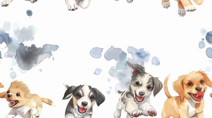 Obraz premium Playful puppies cartoon, frolicking together in watercolor Seamless