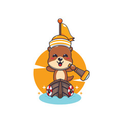 Cute otter mascot cartoon character on the boat