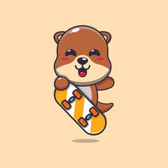 Cute otter mascot cartoon character with skateboard