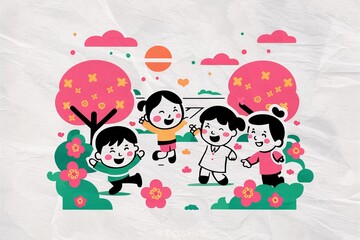 Fototapeta premium A cartoon children playing in a park with flowers and trees, AI