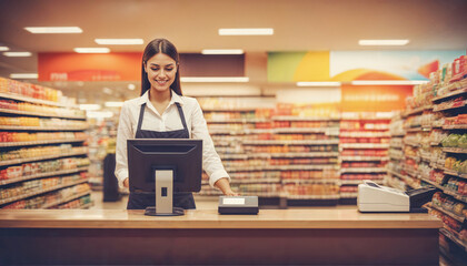 L&auml;chelnde junge freundliche h&uuml;bsche br&uuml;nette Frau / Kassiererin arbeitet in einem Markt an der Kasse