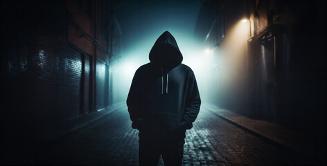 Verd&auml;chtige Person / Hacker / Krimineller / Gangster / Drogendealer mit schwarzer Kapuze steht in einer dunklen Gasse