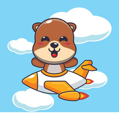 Cute otter mascot cartoon character ride on plane jet
