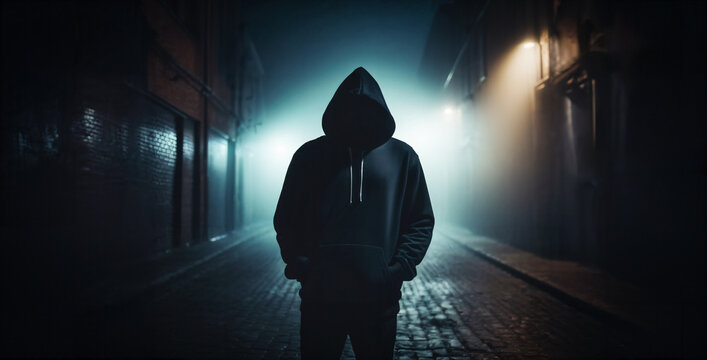 Verd&auml;chtige Person / Hacker / Krimineller / Gangster / Drogendealer mit schwarzer Kapuze steht in einer dunklen Gasse
