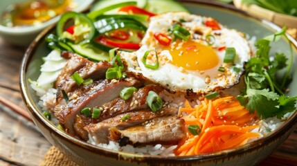 A serving of com tam, Vietnamese broken rice topped with grilled pork, shredded pork skin, and a fried egg, accompanied by fresh vegetables