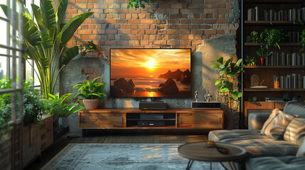 Rustic living room with tv set, brick wall, plants, bookshelve and comfort couch; small coffee table and a grey rug; lcd arrangement in cozy interior