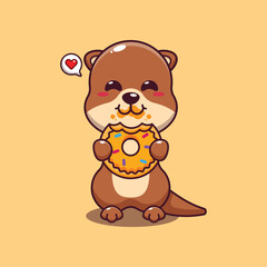 Cute otter eating donut cartoon vector illustration.