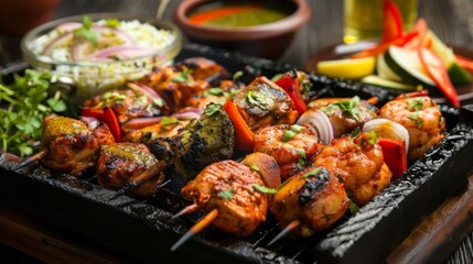 A sizzling tandoori platter with skewers of marinated chicken, lamb, and prawns, served with grilled vegetables and chutney