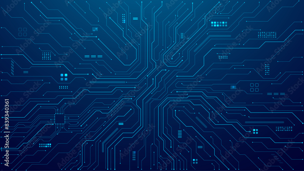 Poster Abstract AI circuit board background. Technology connected blue lines with electronics elements on tech bg. Computer motherboard with a chip, processor, and semiconductor. Digital vector illustration