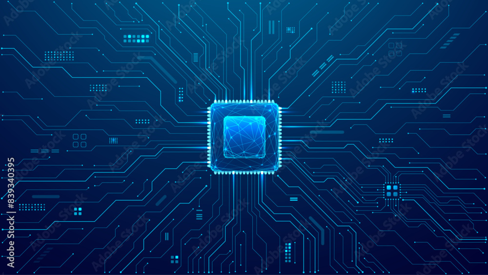 Poster Abstract technology circuit board and processor. AI chip or CPU semiconductor. Tech background with circuit thin lines. Digital bg. Light blue neon microchip. Vector illustration of a motherboard.