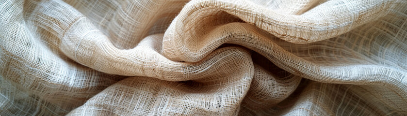 Close-up shot of textured, soft linen fabric folds in neutral tones. Ideal for backgrounds, textures, and textile design projects.