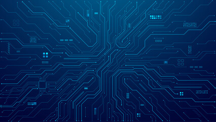 Abstract AI circuit board background. Technology connected blue lines with electronics elements on tech bg. Computer motherboard with a chip, processor, and semiconductor. Digital vector illustration