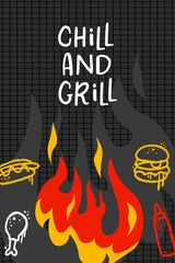BBQ poster, restaurant grill flyer, vintage barbecue template with grunge outdoor grill. Hot Fire Flame Illustration. Meat On Fire Barbecue. Vector illustration