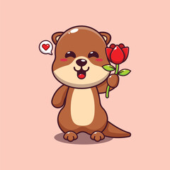 Cute otter holding rose flower cartoon vector illustration.