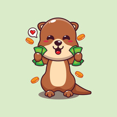 Cute otter holding money cartoon vector illustration.