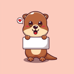 Cute otter holding greeting banner cartoon vector illustration.