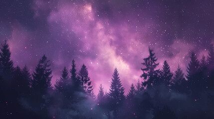Naklejka premium Beautiful night sky with purple nebula and stars above a forest silhouette. Perfect for nature, astronomy, and nightscape themed projects.