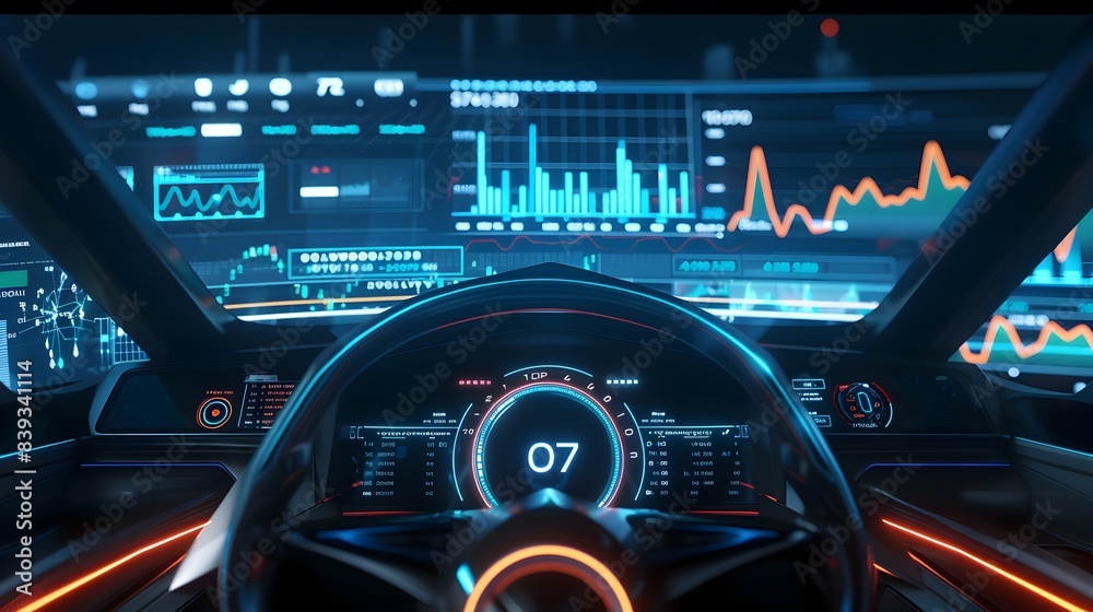 Poster futuristic car dashboard showcasing real time index data visualization