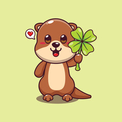 Cute otter with clover leaf cartoon vector illustration.