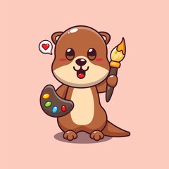 vector illustration of cute otter painter otter cartoon.