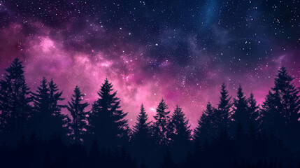 Fototapeta premium A stunning night sky filled with twinkling stars and vibrant nebulas, casting a breathtaking glow over a serene forest silhouette.