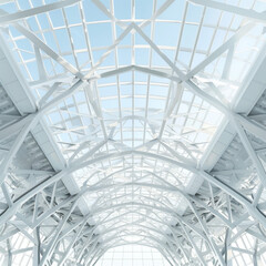 photograph of an architectural structure with steel beams and a glass roof