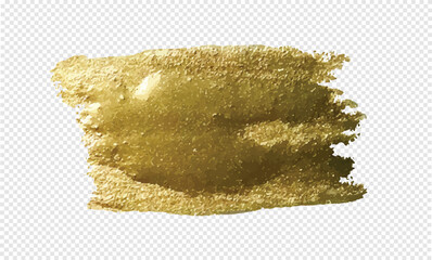 Gold brush stroke. Realistic gold brush paint stroke illustration. Golden paint brush stroke. Banner, invitation, wedding or card template. Embossed texture on transparent background.
