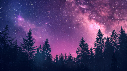 Stunning night sky with purple and pink hues, starry expanse, and silhouette of tall pine trees in a serene forest setting.