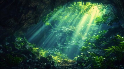 Obraz premium tranquil lost caves illuminated by soft natural light mysterious nature landscape digital painting