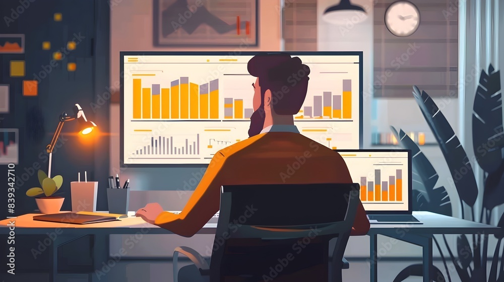Poster analyzing financial data and visualizing investment insights on a computer monitor in an office