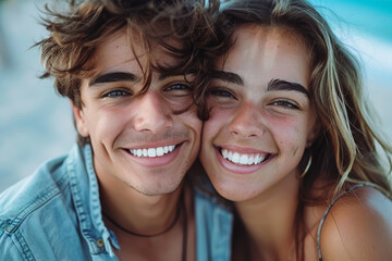 Happy Young Couple Showing Bright White Smiles at the Beach - Summer Vacation Stock Photo