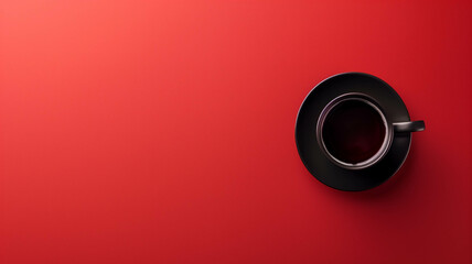 minimalist setup with a black coffee cup on a clean red background, top down view, and space for text