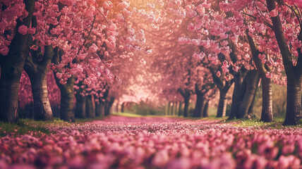 serene park filled with blooming cherry blossom trees, creating a stunning pink canopy