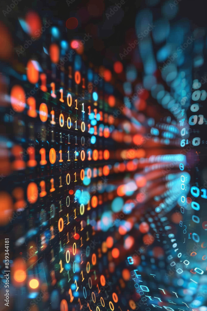 Poster abstract digital background featuring binary code in vibrant colors representing data and informatio