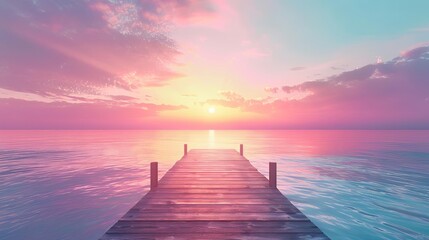 Fototapeta premium tranquil sunrise at wooden pier calm sea and pastel sky photorealistic illustration