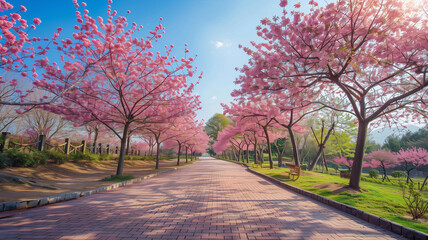 serene park filled with blooming cherry blossom trees, creating a stunning pink canopy