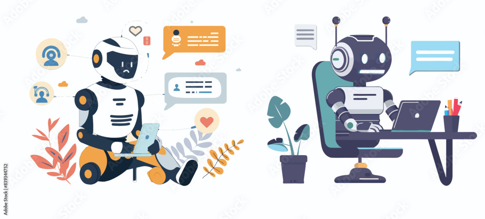 Aufkleber communication with a chat bot concept. a robot responds to a customer's question
