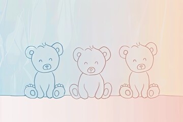 Minimalist line drawings of cute teddy bears, on a soft pastel background