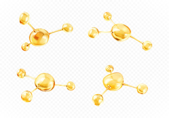 Golden molecules with biological and chemical concept. Collagen or serum molecules. Сoncept skin care cosmetics solution. Vector 3d illustration