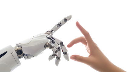 Robot and human hand touching their index finger, gesture isolated on transparent background, Concept tech innovation, machine learning progress partnership with artificial intelligence