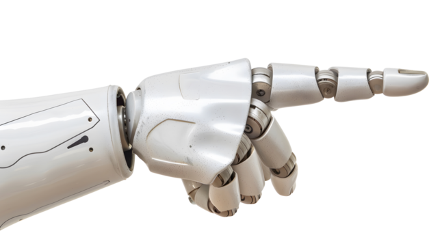 Robot hand pointing index finger, showing gesture, isolated on transparency background. technology of artificial intelligence , PNG cut out
