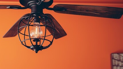 A vintage-style ceiling fan with cage-like metal blades and an industrial-inspired design, positioned against a solid rust orange background, adding a touch of retro flair to eclectic interiors.