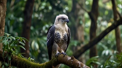 A majestic Harpy Eagle perched atop a towering tree